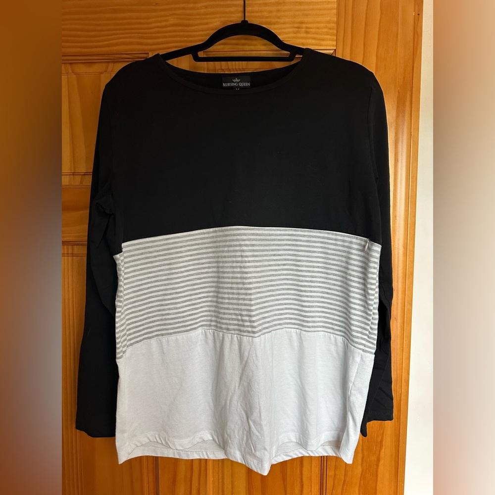 NURSING QUEEN LONG SLEEVE COTTON NURSING TOP- 3 BLOCK- BLACK Size M
